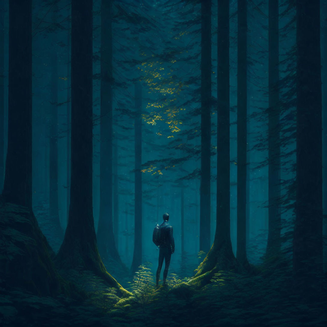 Solitary Figure in Misty Blue Forest with Tall Trees and Mysterious Glow