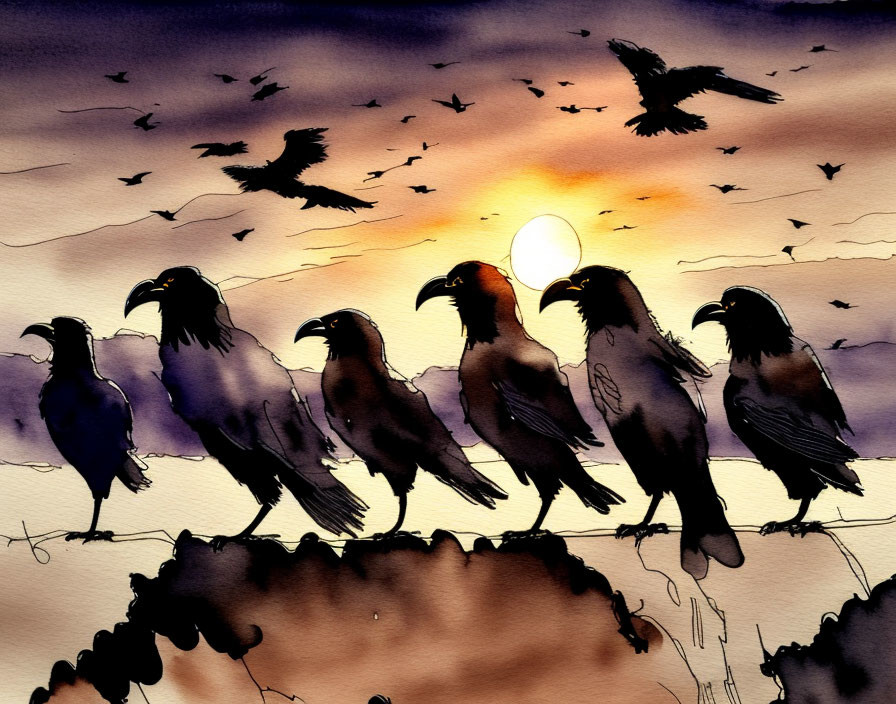 Silhouetted crows on branch at sunset with flying birds