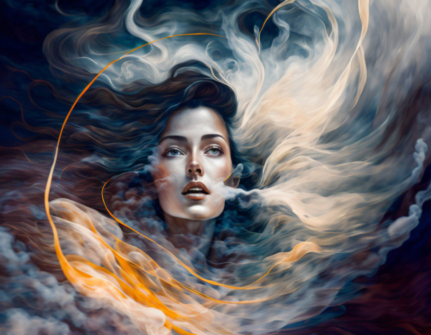 Surreal portrait of woman with swirling blue and orange smoke-like forms