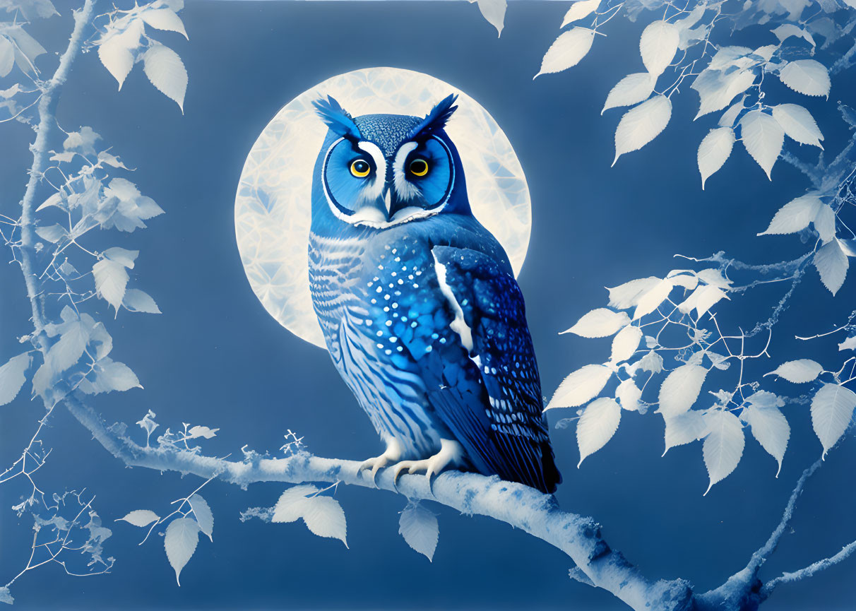 Stylized blue owl on branch with white leaves under full moon