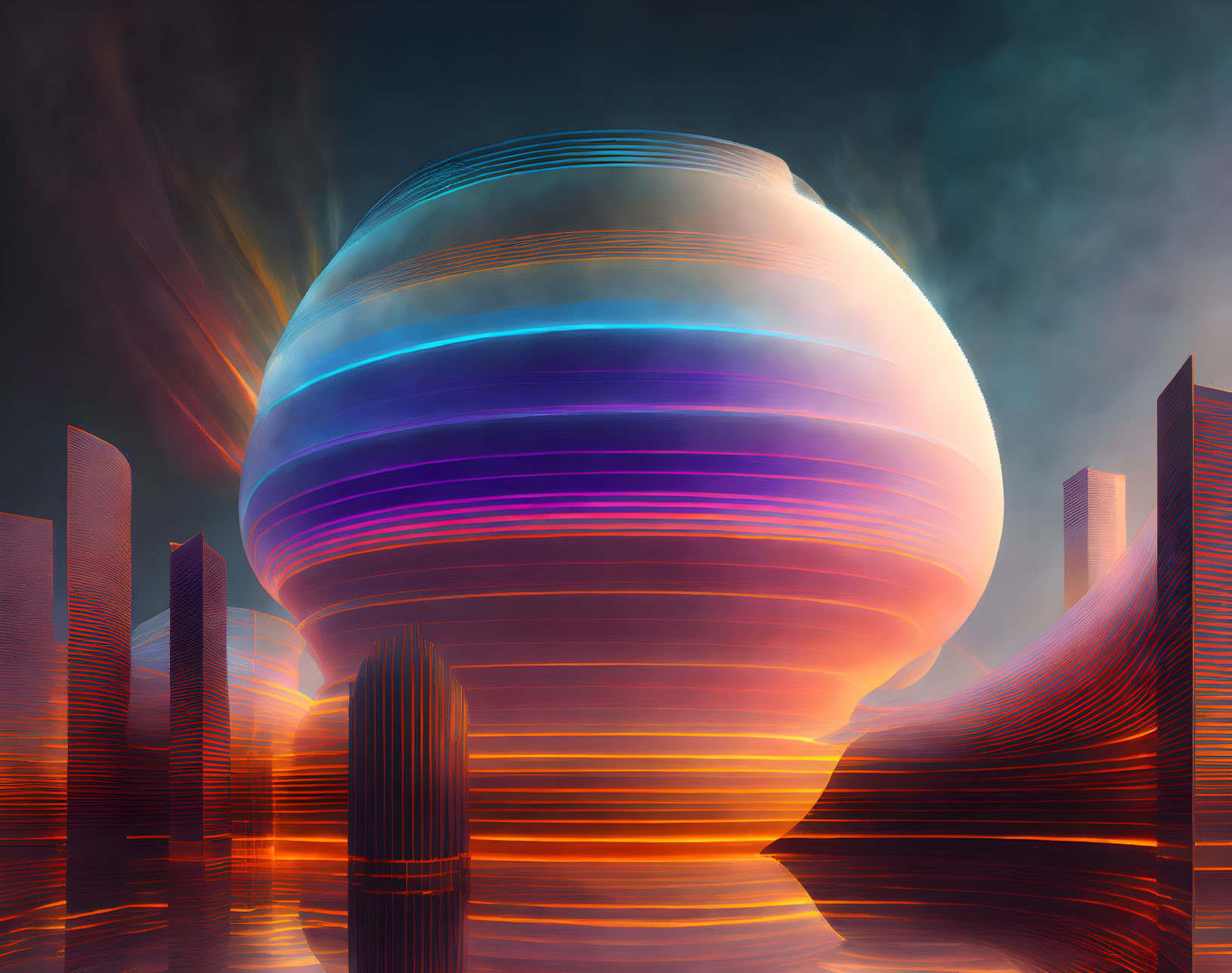 Vibrant surreal cityscape with glowing orb and futuristic skyscrapers