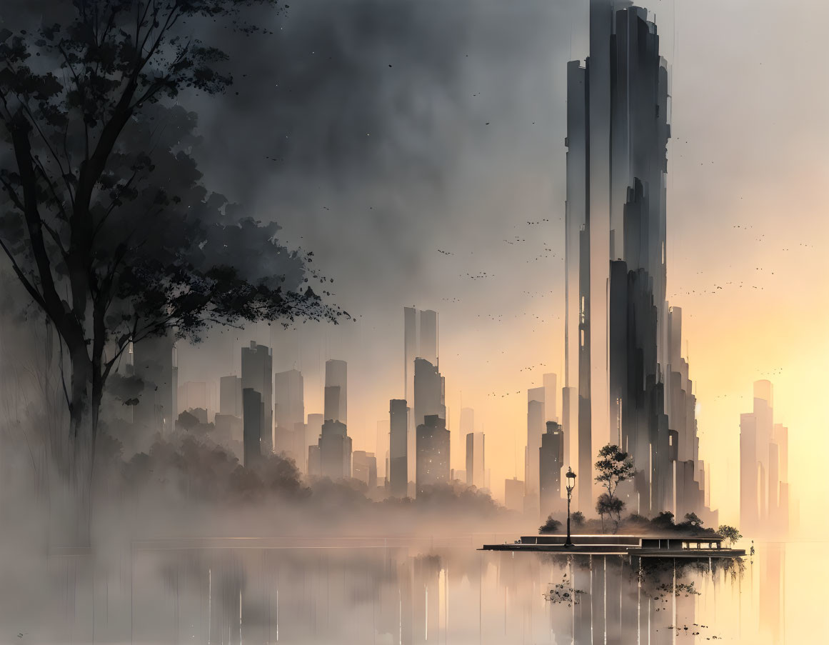 Futuristic skyscraper reflected in misty cityscape at dawn