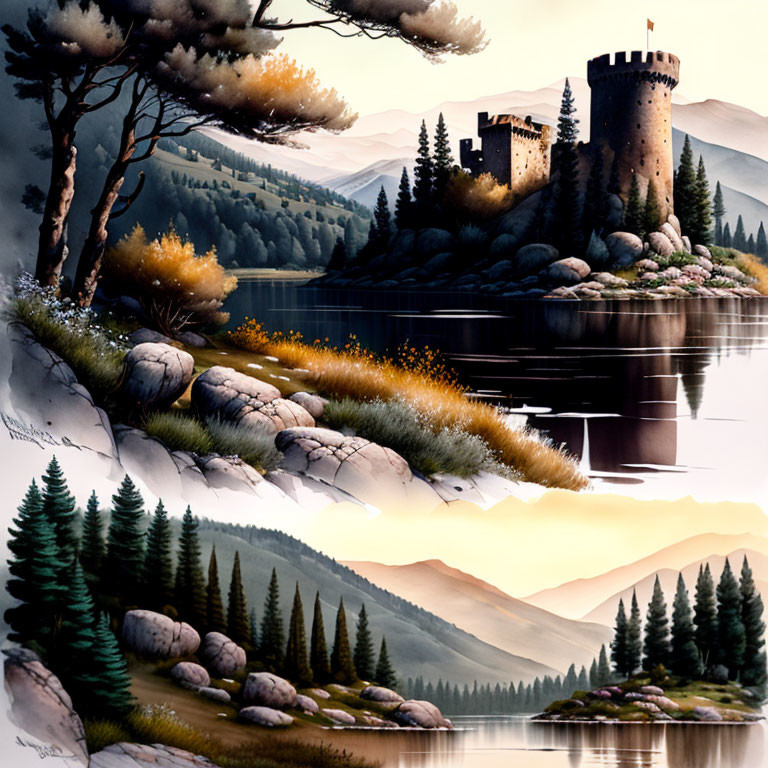 Tranquil lake landscape with stone castle and twilight sky