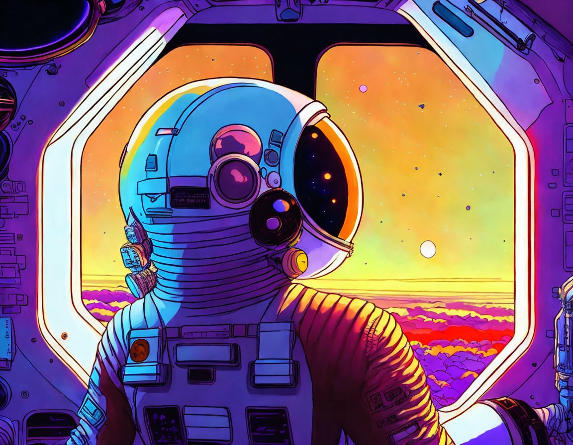 Detailed Spacesuit Astronaut Observing Vibrant Nebula from Spacecraft Window