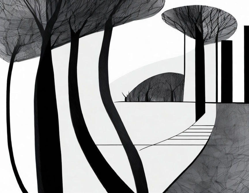 Monochrome abstract art: Stylized trees, geometric landscape, steps, blocks