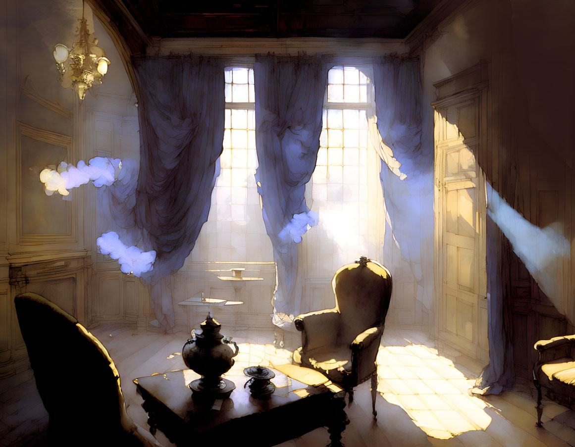 Elegant room with sunlight, armchair, table, fluttering curtains, and ghostly presence