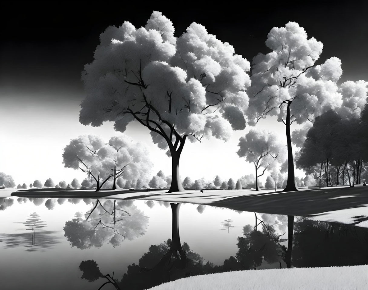 Tranquil black and white landscape with trees reflecting on water