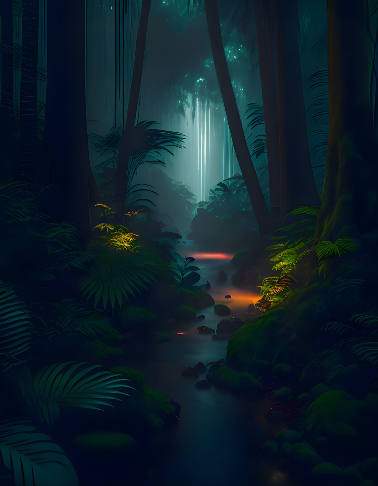 Enchanting dusk scene of mystical forest with towering trees and glowing plants