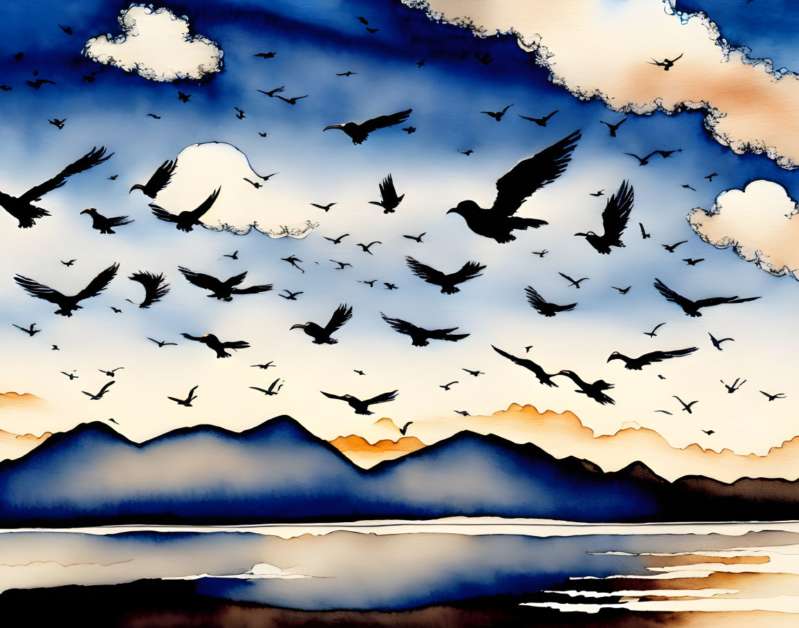 Birds flying over silhouetted mountains at sunset in watercolor art