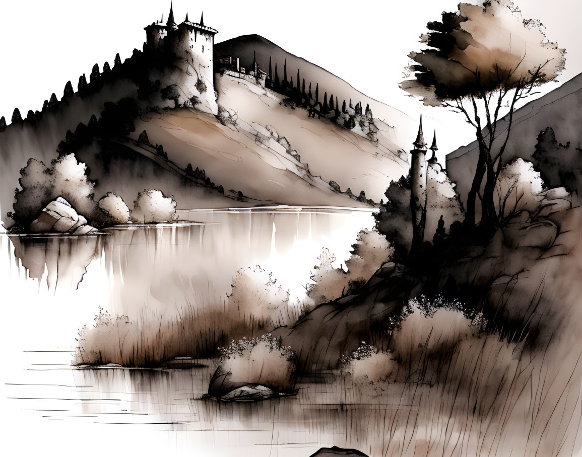 Serene lake with castle on hill, trees, tower - monochrome sketch