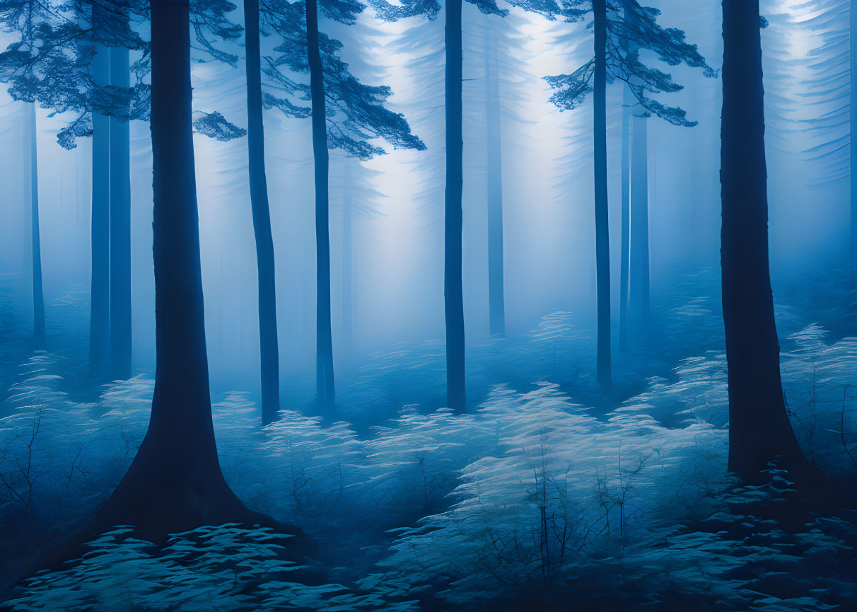 Misty Blue Forest with Tall Trees and White Ground Cover