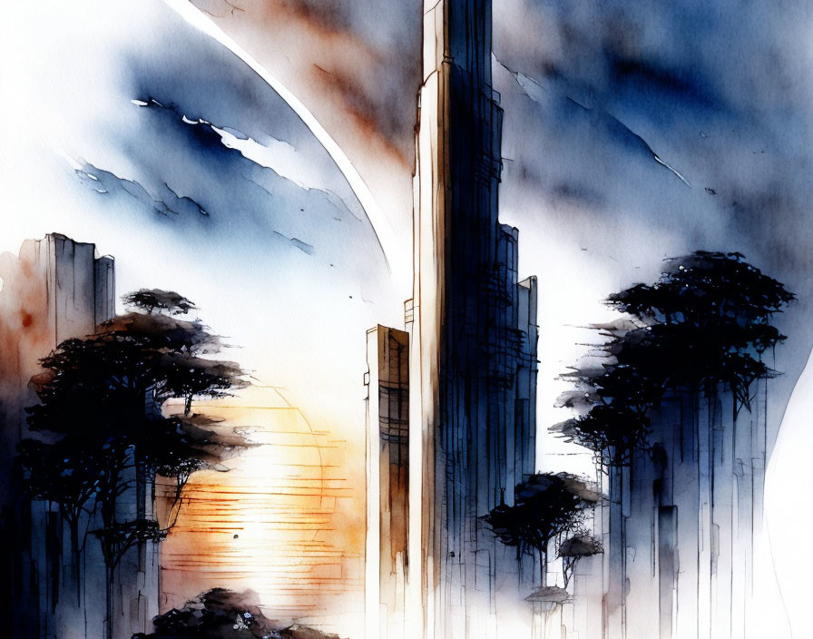 Futuristic cityscape watercolor with tall skyscrapers and large planet.