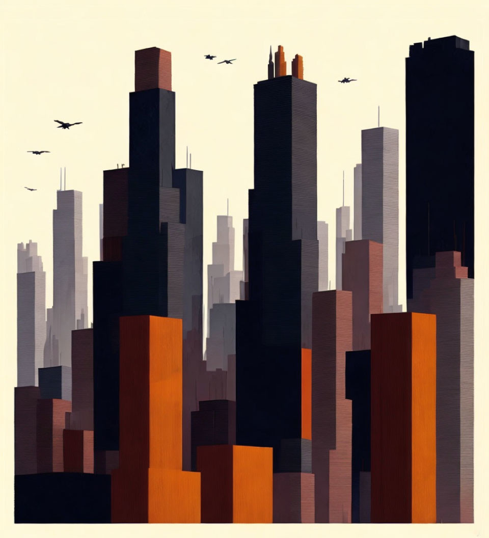 City skyline artwork in brown and gray shades with skyscrapers and birds on soft backdrop