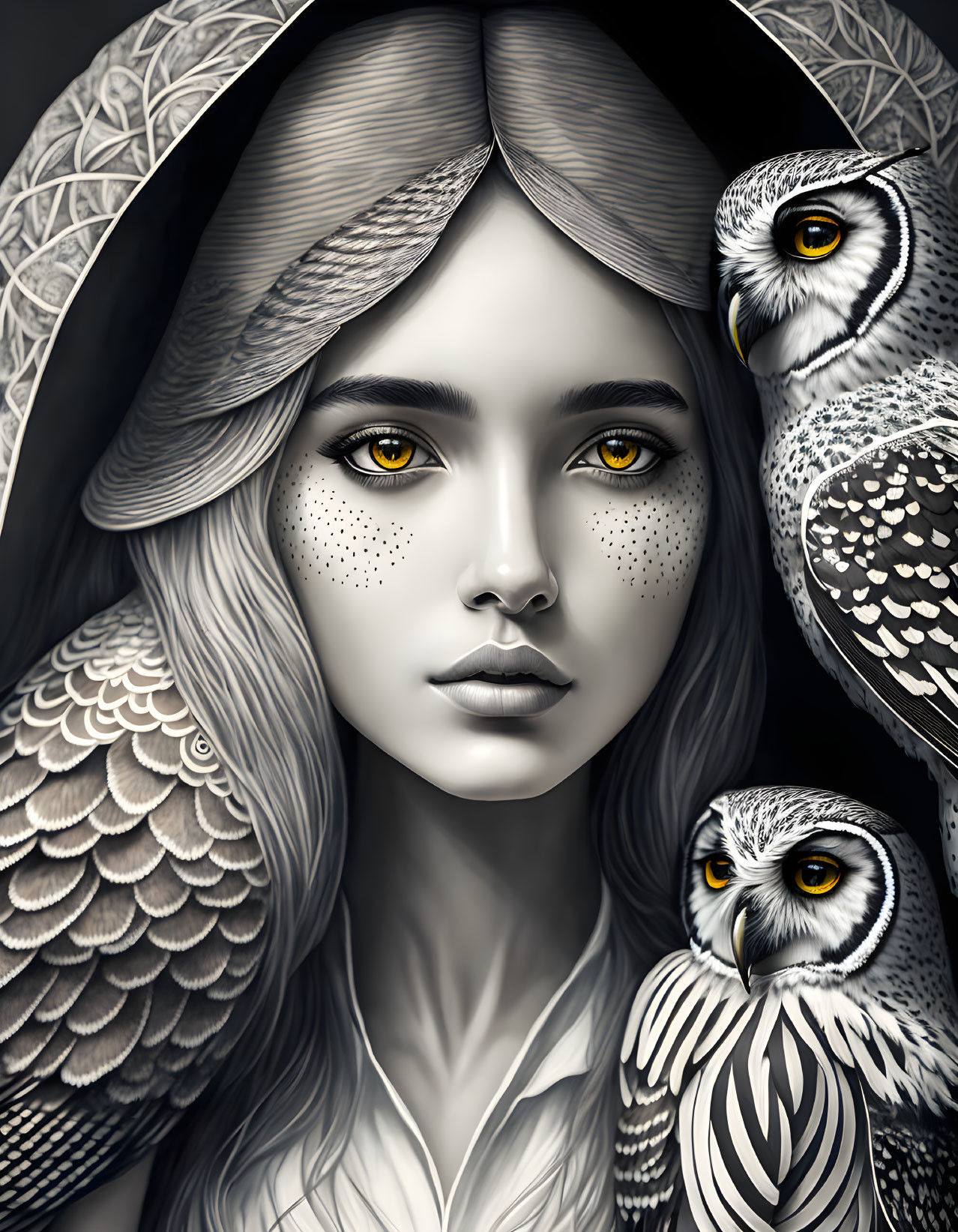 Grayscale woman with yellow eyes and owls on patterned backdrop