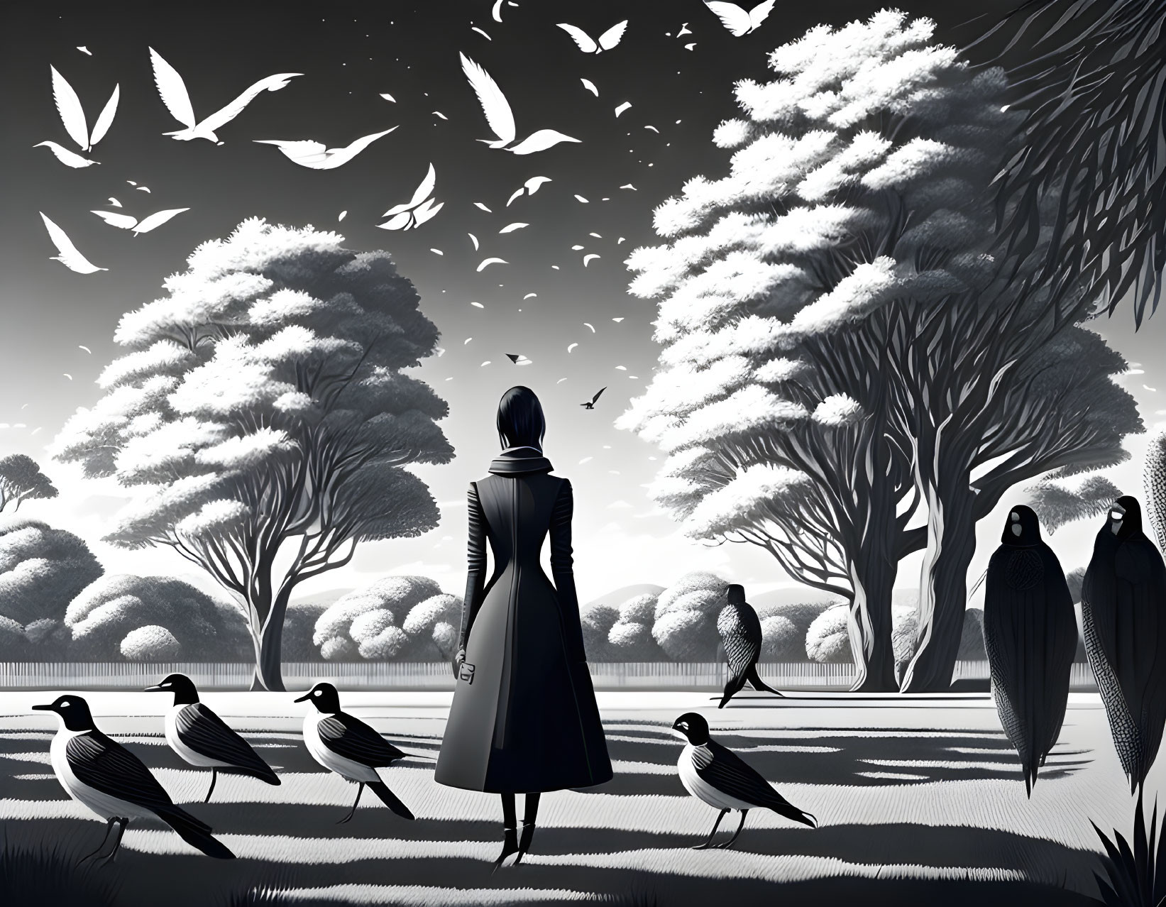 Person in monochrome landscape with towering trees, birds, and ethereal figures.