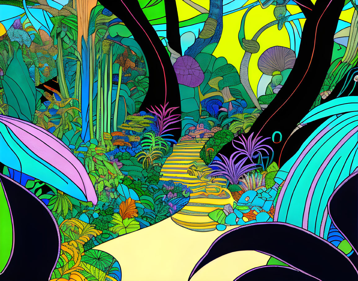 Colorful Psychedelic Forest Illustration with Staircase