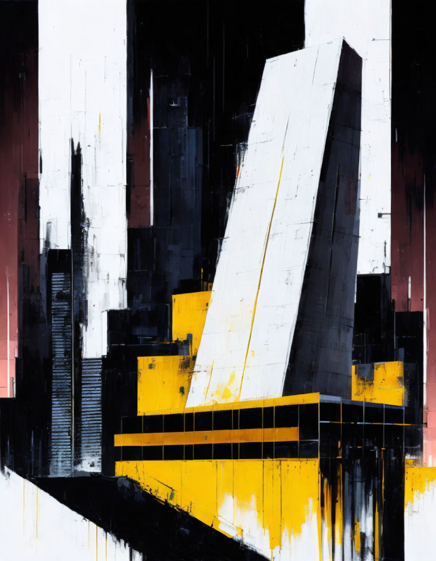 Geometric black, white, and yellow abstract art with urban vibe and paint drips