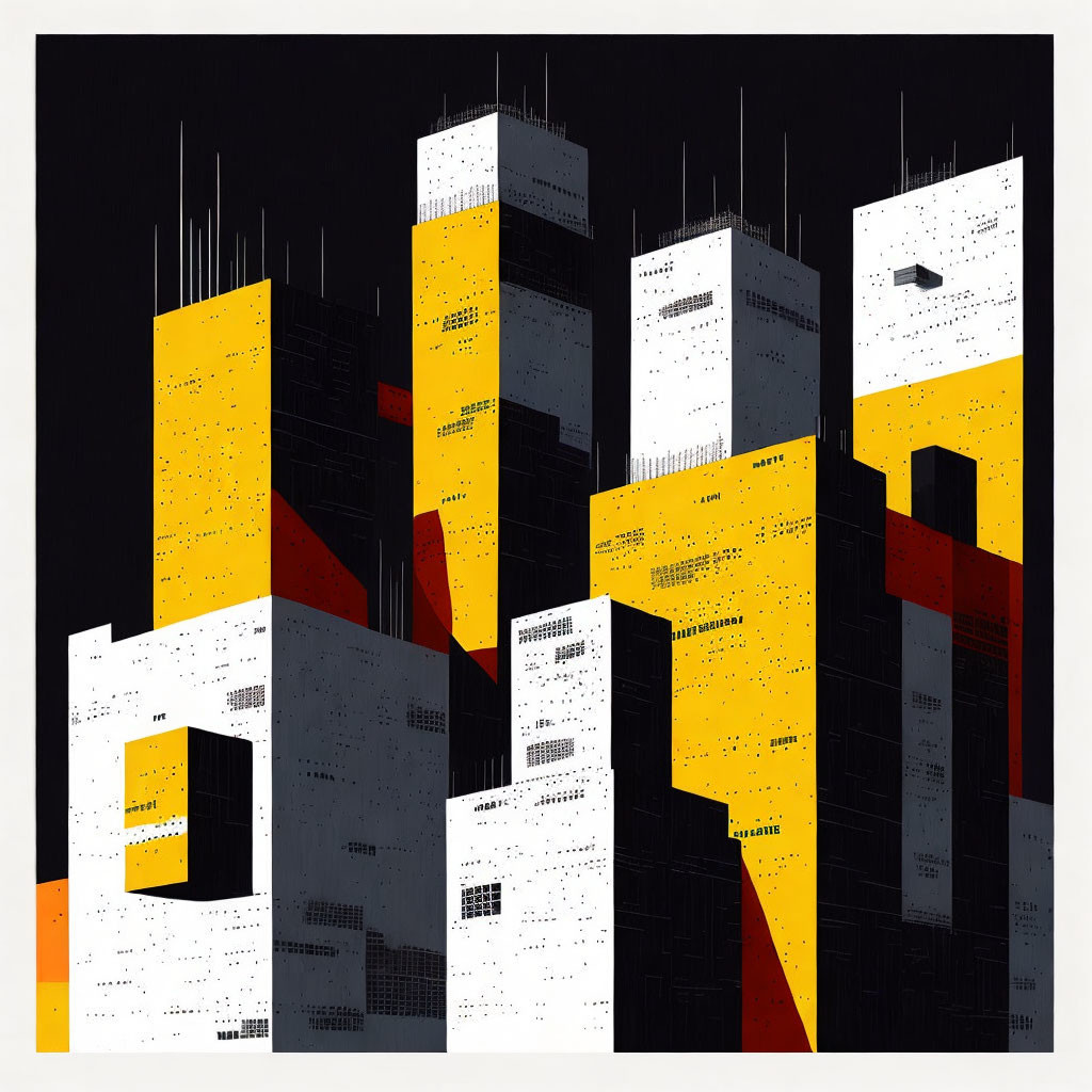Abstract geometric cityscape with blocky buildings in black, white, and yellow, featuring dot patterns and
