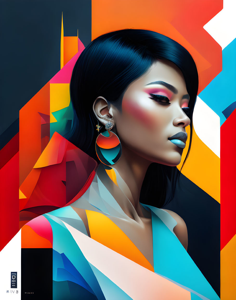 Colorful geometric illustration of a woman with blue hair and abstract shapes on vibrant background.