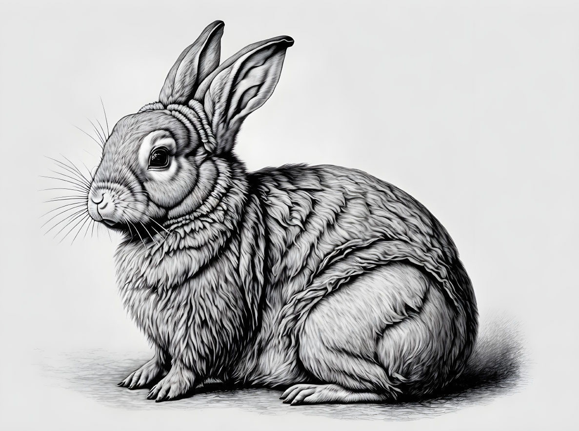 Detailed grayscale drawing of a rabbit with fur texture, large ears, and whiskers