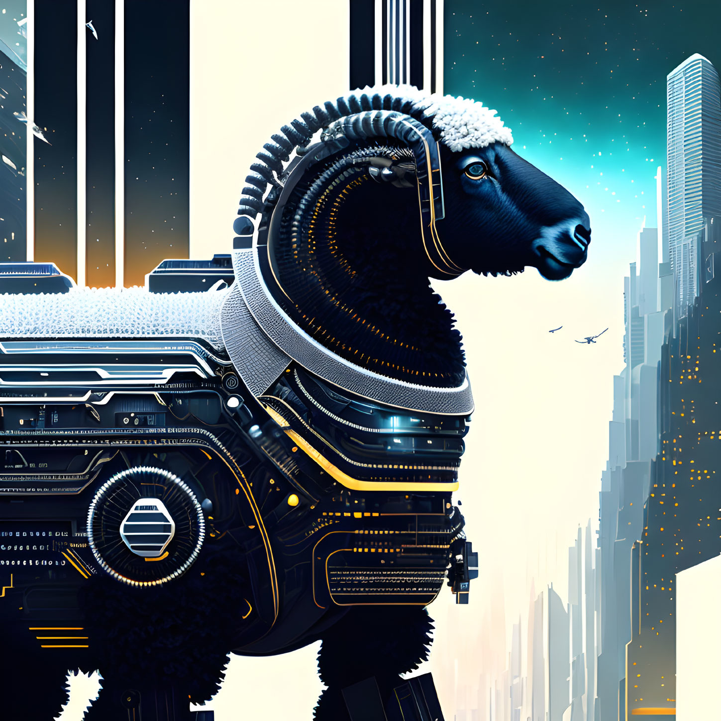 Mechanized sheep digital art in futuristic cityscape