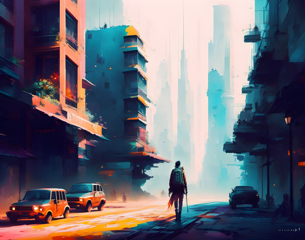 Urban street scene with lone figure and skyscrapers in mist