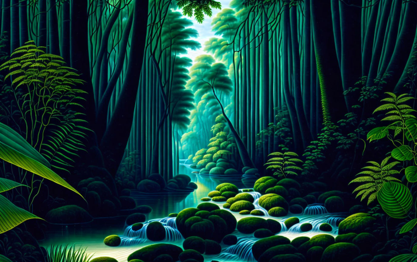 Tranquil neon-lit forest with tall trees and a serene stream