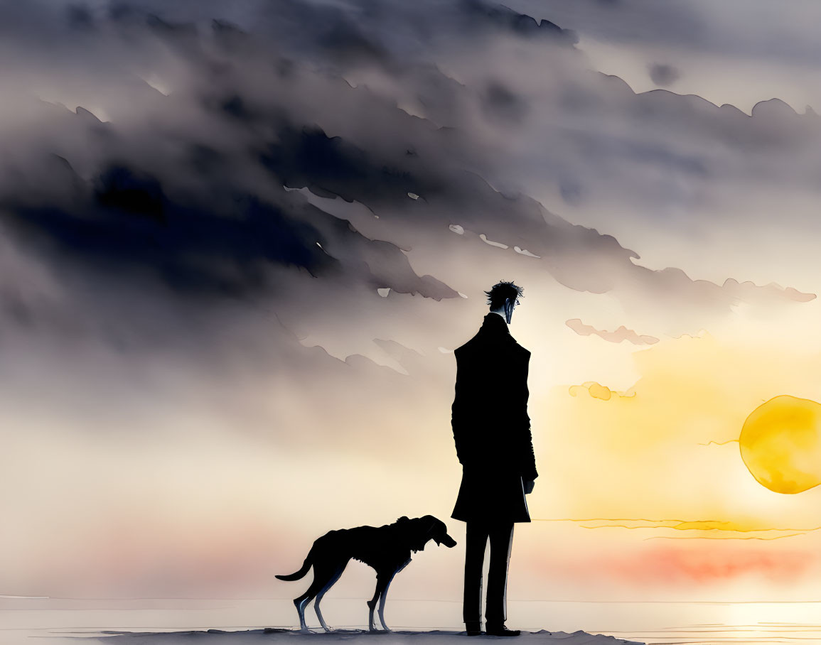 Silhouette of person and dog at sunset by water's edge