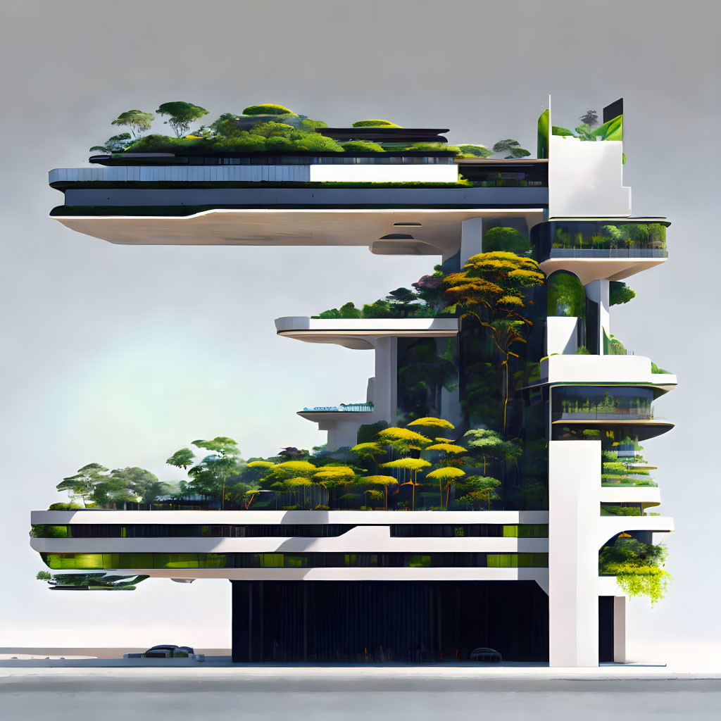 Futuristic multi-level building with greenery, open base level with cars under hazy sky