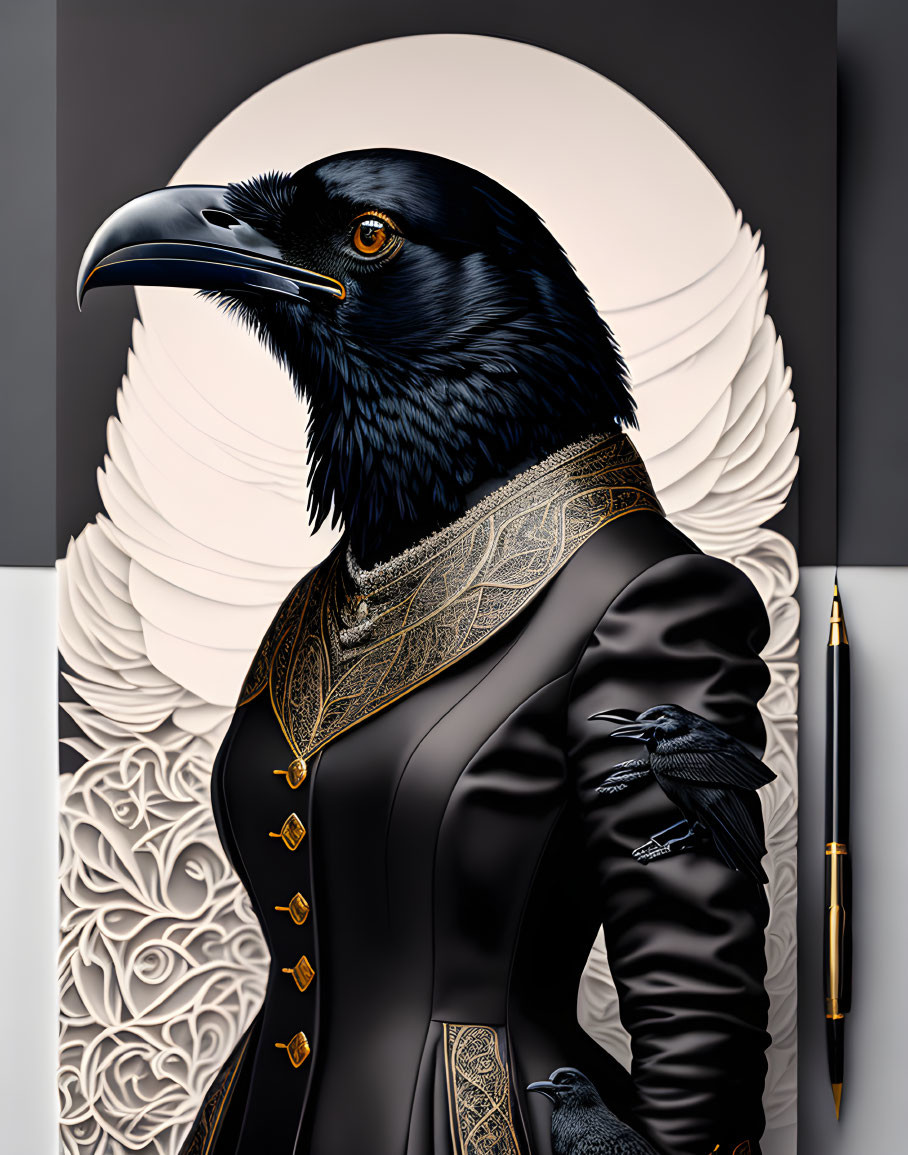 Elegant anthropomorphized raven in suit with emblem, pen, ornate background.