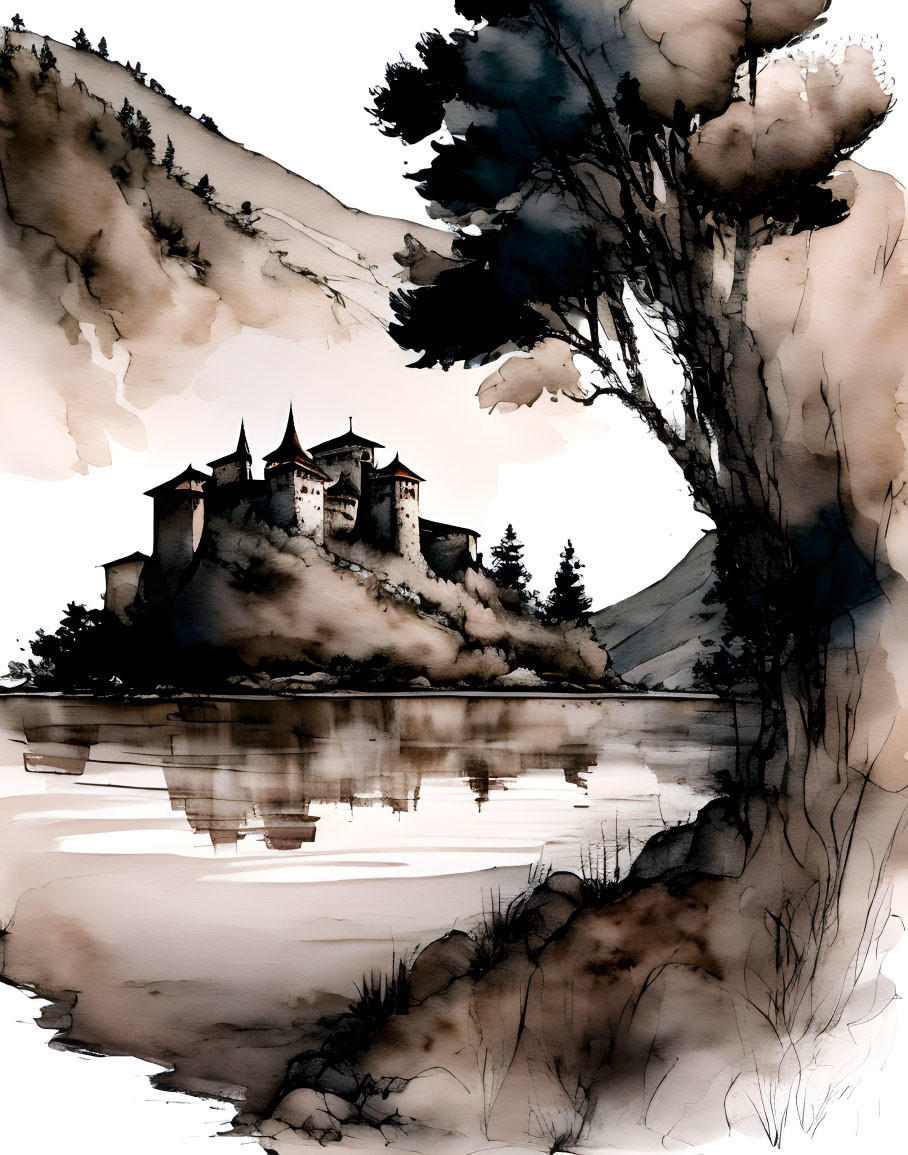 Monochromatic watercolor painting of castle, tree, and lake