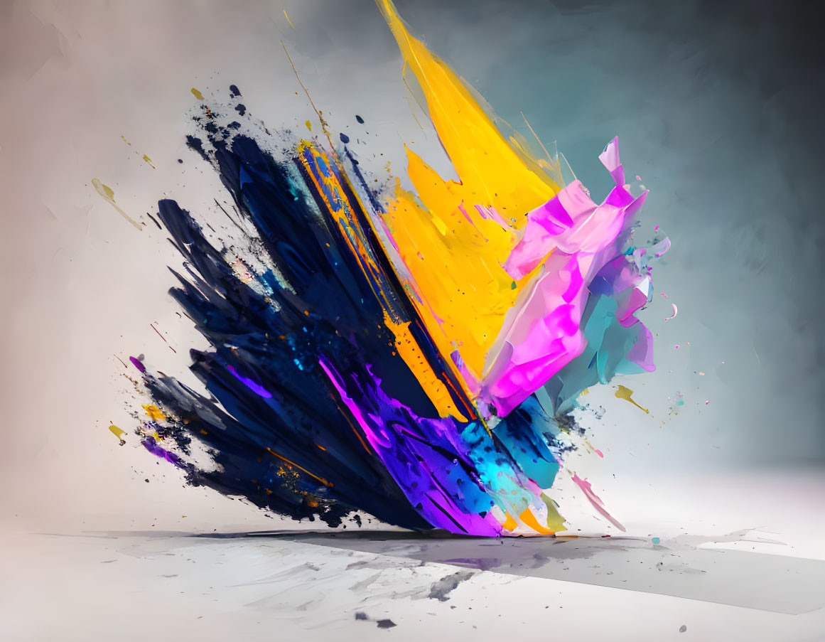 Colorful 3D digital artwork with bursting shards in blue, purple, orange, and pink