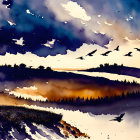 Twilight mountain silhouette with birds and lake reflections