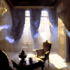 Elegant room with sunlight, armchair, table, fluttering curtains, and ghostly presence