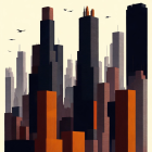 City skyline artwork in brown and gray shades with skyscrapers and birds on soft backdrop