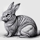 Detailed grayscale drawing of a rabbit with fur texture, large ears, and whiskers