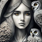 Grayscale woman with yellow eyes and owls on patterned backdrop