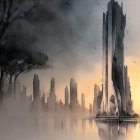 Futuristic skyscraper reflected in misty cityscape at dawn