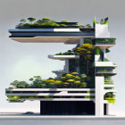 Futuristic multi-level building with greenery, open base level with cars under hazy sky