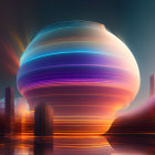 Vibrant surreal cityscape with glowing orb and futuristic skyscrapers