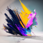 Colorful 3D digital artwork with bursting shards in blue, purple, orange, and pink