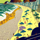 Colorful beach scene with people, umbrellas, waves, and skyscrapers