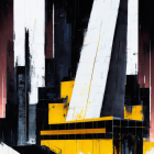 Geometric black, white, and yellow abstract art with urban vibe and paint drips