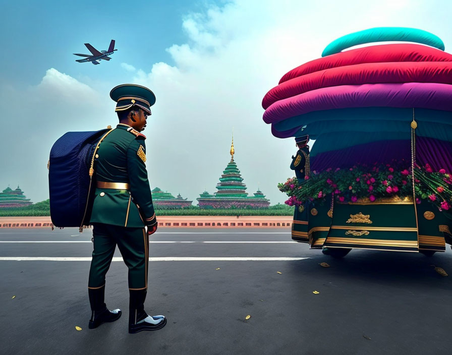 Uniformed guard with large backpack near colorful parade floats, plane flying overhead, and traditional buildings.