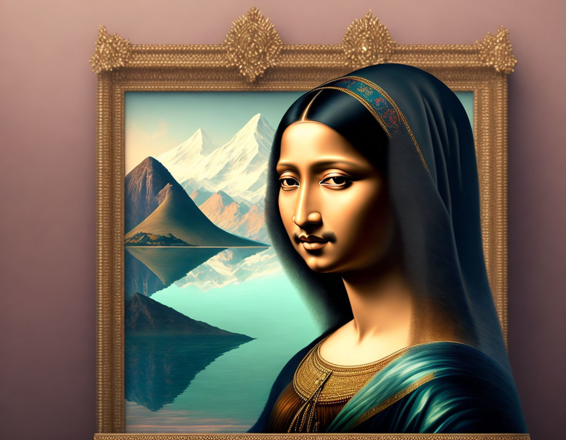 Digital artwork: Mona Lisa blended with serene mountain landscape