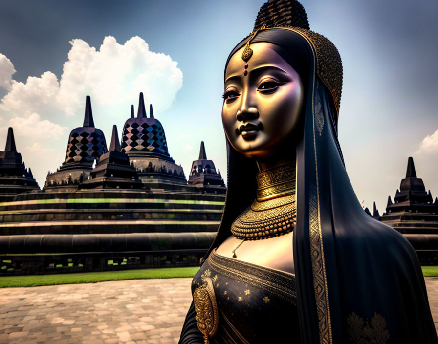 Stylized woman in traditional attire with golden skin in front of temple and black stupas against blue