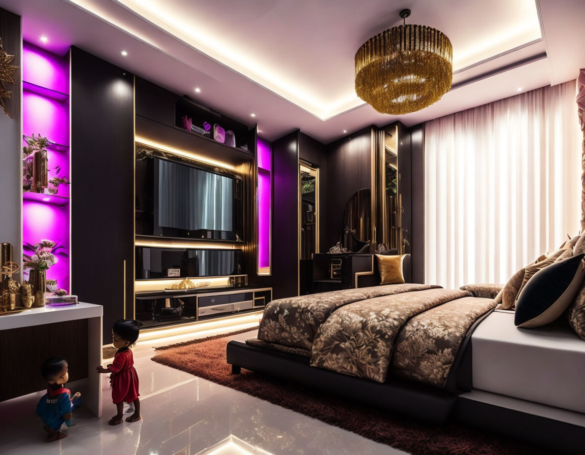 Modern Bedroom with Purple LED Lighting and Elegant Furnishings