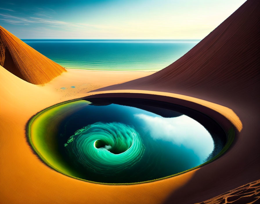 Surreal landscape of desert dunes meeting vibrant sea with swirling formation