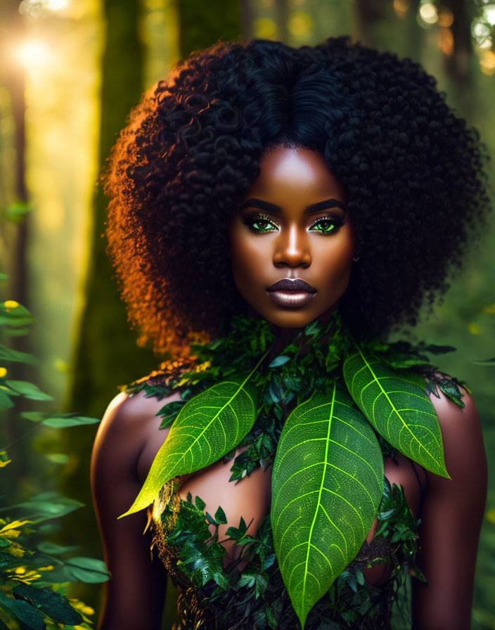 Portrait of Woman with Striking Green Eye Makeup and Curly Hair in Forest Setting