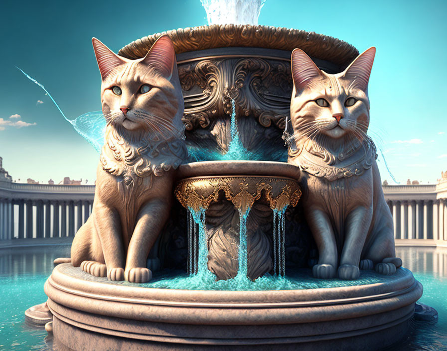 Digital artwork featuring grand fountain with stoic cat statues in classical setting